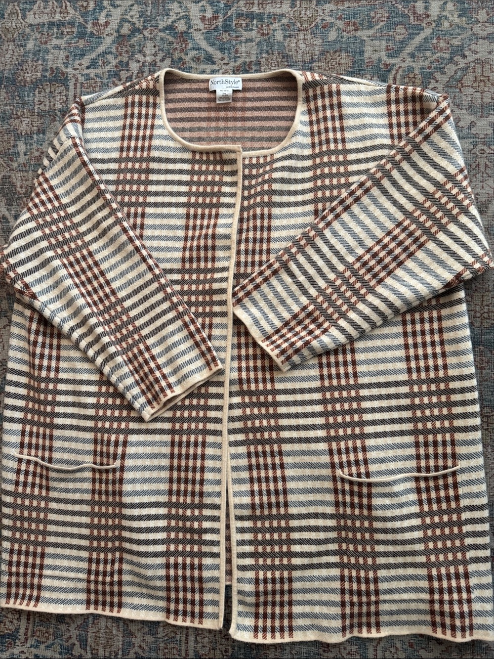NorthStyle Cream, Brown and Black Plaid Open Cardigan size XL-XXL